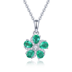 Dainty Floral Gemstone Necklace with Sterling Silver Chain, Natural Emerald Charm Pendant for Women