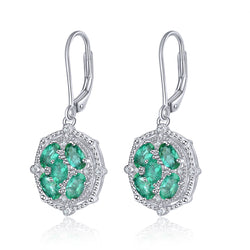 Geometric Emerald and Diamond Drop Earrings in Silver