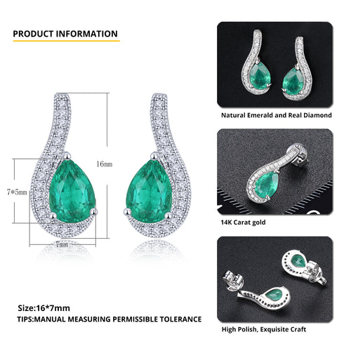 Diamond and Pear shape Emerald Earrings in White Gold