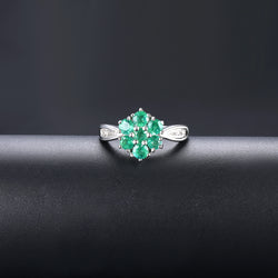 Seven Emerald Round Stones Ring in Silver and Diamond