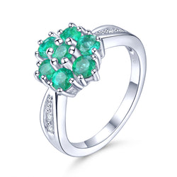 Seven Emerald Round Stones Ring in Silver and Diamond