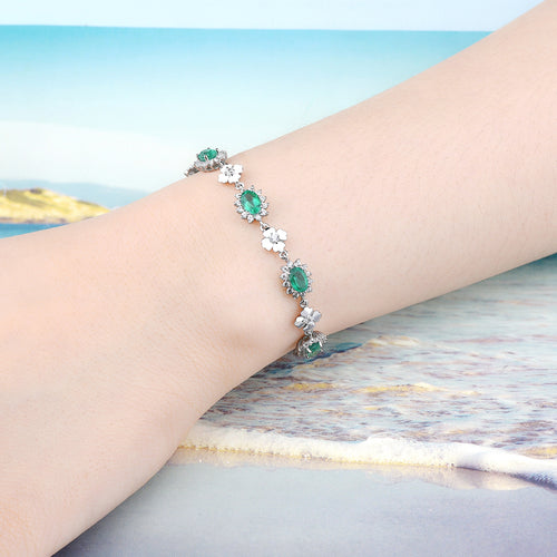 Adjustable Emerald Floral Gemstone Bracelet in Sterling Silver