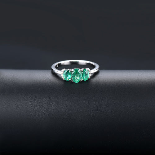 Three Stone Emerald and Diamond Ring in Silver
