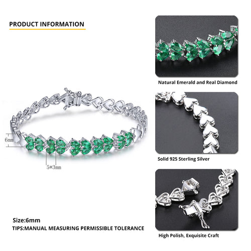 Heart Shaped Natural Emerald Bracelet in Sterling Silver