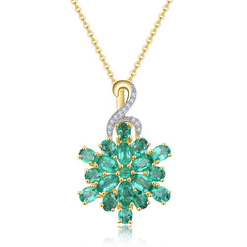 Flower Shape Yellow Gold Emerald Necklace.