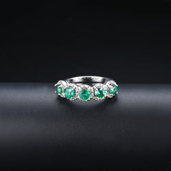 5 Round Emerald Stones Silver Ring