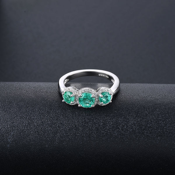 Three Round Emerald Stones Ring in Silver