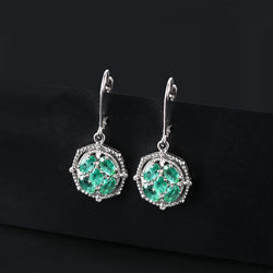 Geometric Emerald and Diamond Drop Earrings in Silver