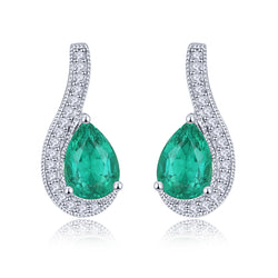 Diamond and Pear shape Emerald Earrings in White Gold