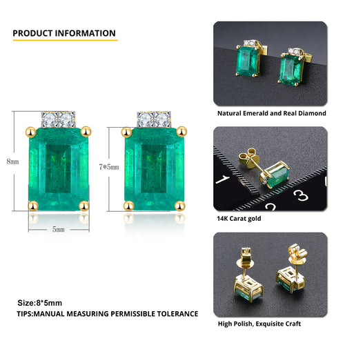 Emerald and Diamond Stud Earrings with 14K Gold