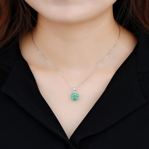 Flower Looking Emerald and Diamond Pendant in Silver