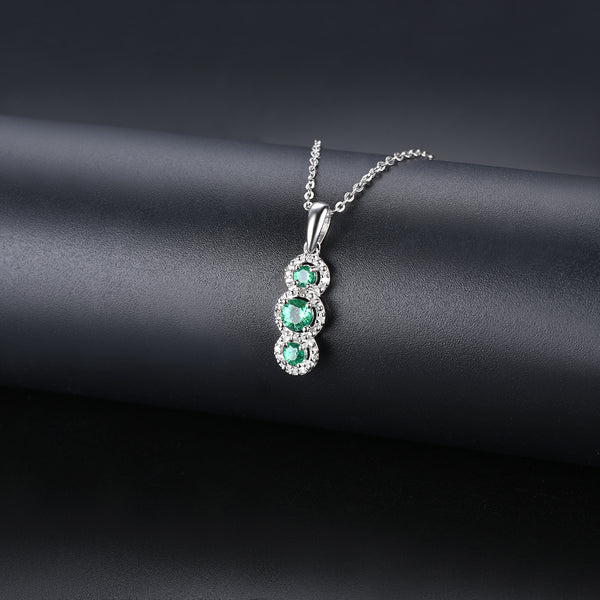 Three Emerald Stone and Diamond Pendant in Silver.