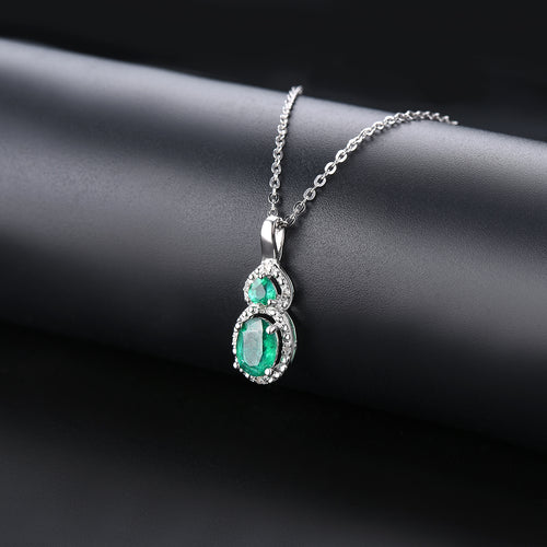 Oval and Round stone Emerald Pendant in Silver