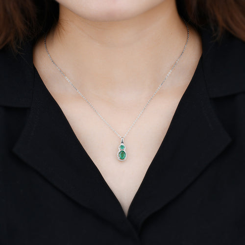 Oval and Round stone Emerald Pendant in Silver