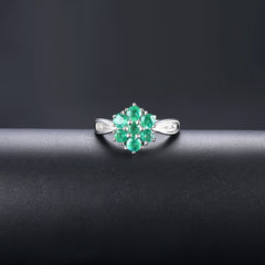 Seven Emerald Round Stones Ring in Silver and Diamond.