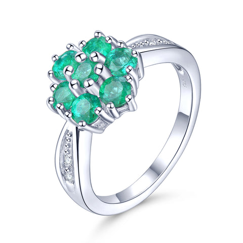 Seven Emerald Round Stones Ring in Silver and Diamond.