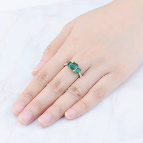 Three Octagon Emerald Stones Ring